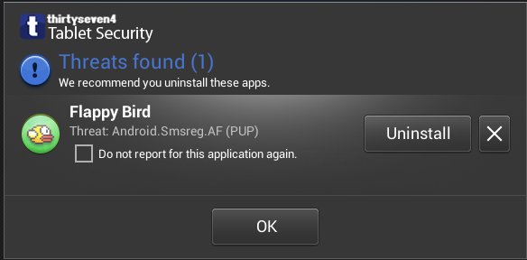Fake Flappy Bird App Detected by Thirtyseven4 for Android