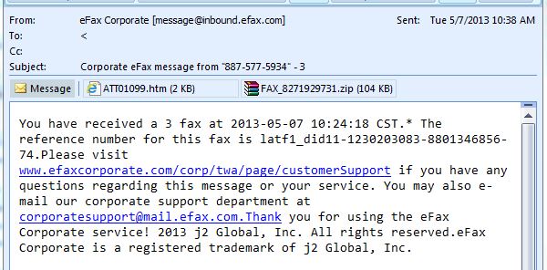 eFax Trojan Scam, Detected and Blocked by Thirtyseven4 Antivirus